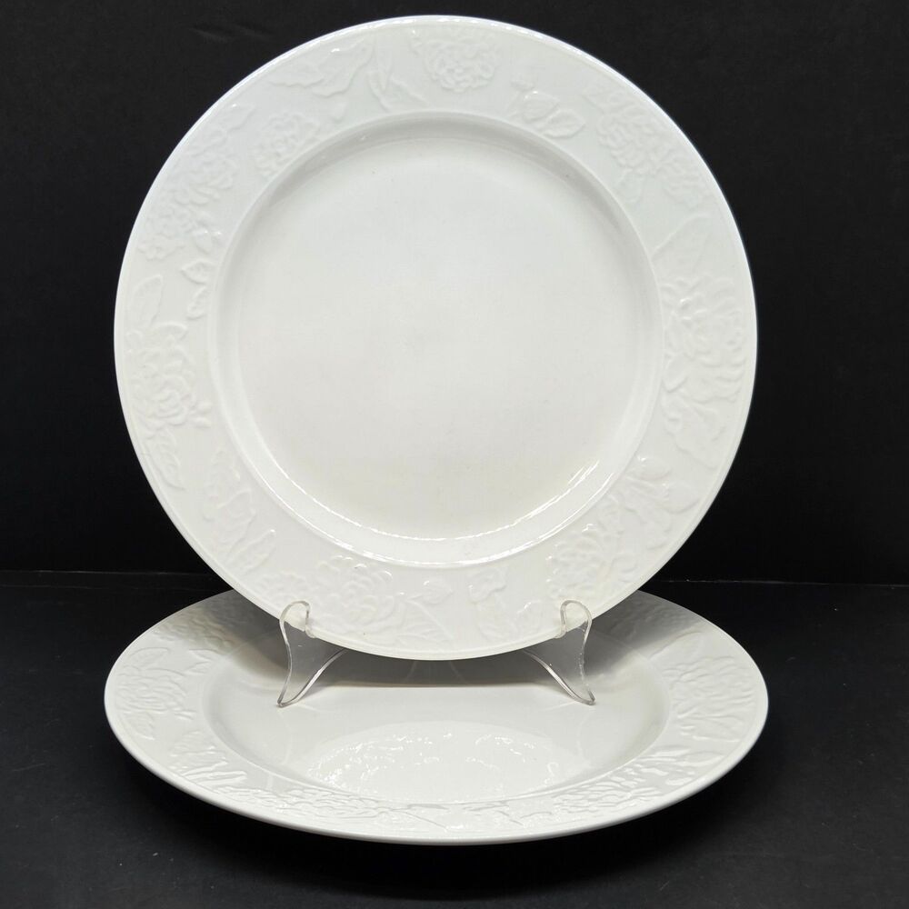 Martha Stewart Collection "Vintage Rose" Set Of 2 White 11 1/4" Dinner Plates VG